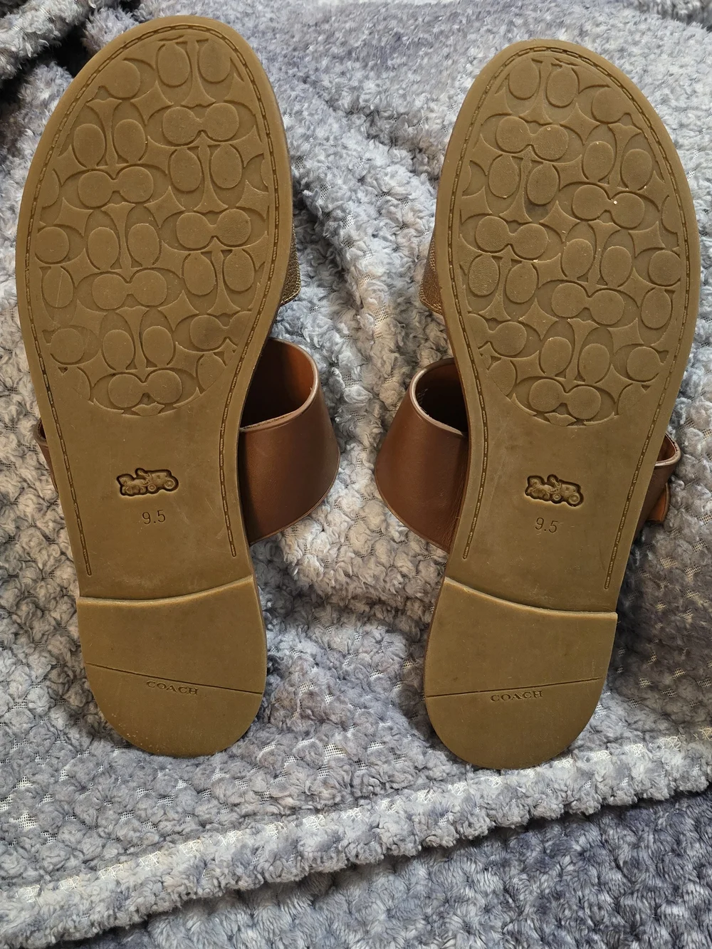 Coach Brown Canvas & Leather Slide Sandals with Gold Ring Accent - Picture 3 of 6